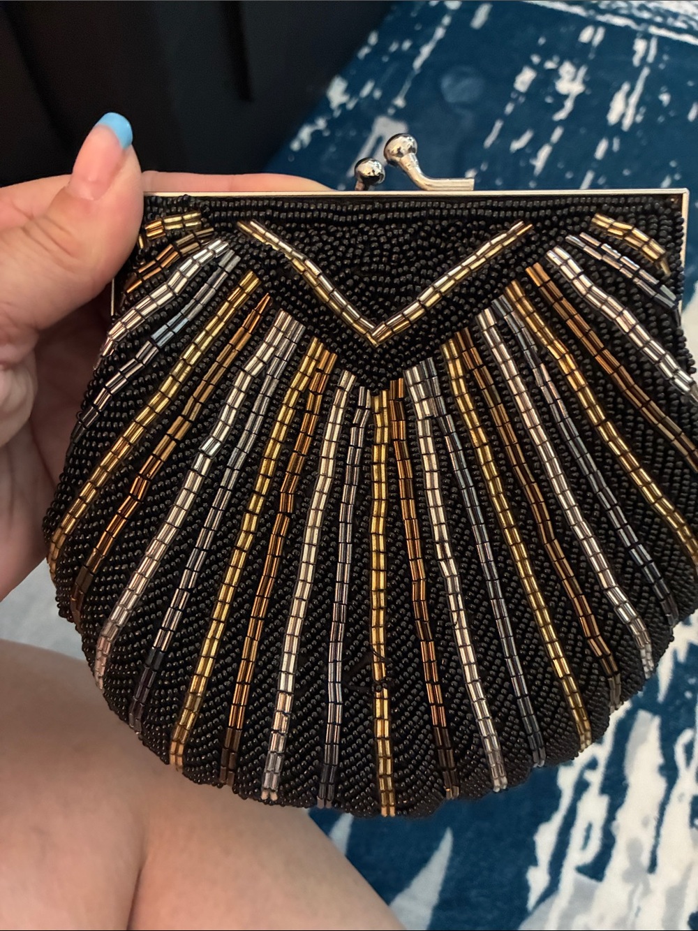 Black Beaded Evening Clutch with Gold & Silver Accents